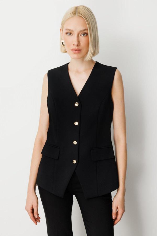 Ekol Kadın Kapak Cepli V Yaka Yelek 5037 Siyah - Image 1