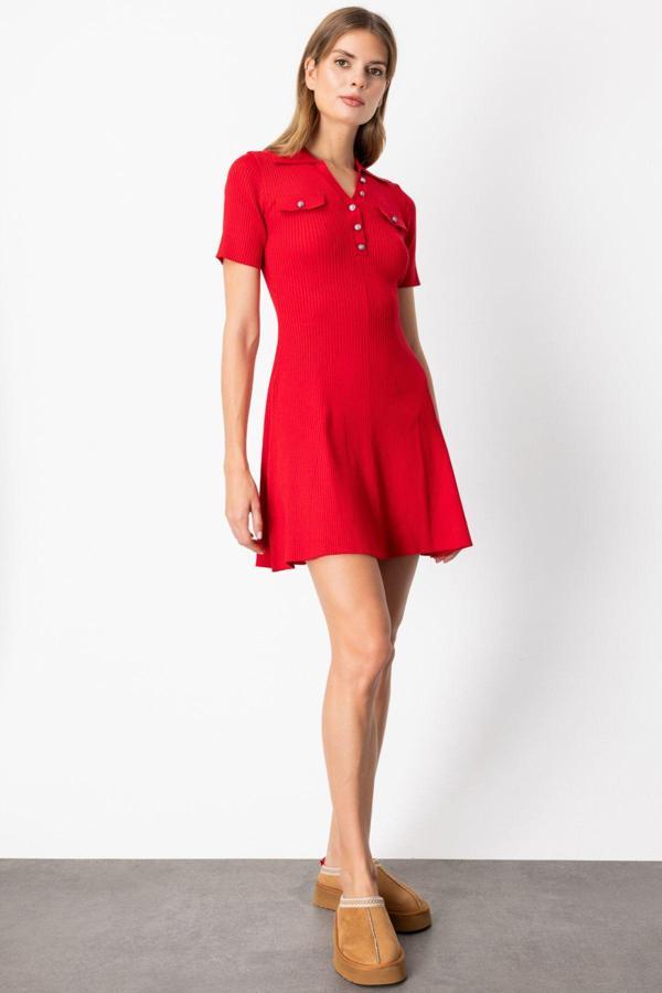 On Kadın Eteği Volanlı Mini Triko Elbise 65401 Kırmızı - Image 1