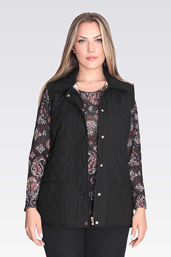 Tolga Saraçoğlu Kadın Ekose Astar Detaylı Hafif Elyaf Kapitone Yelek 70043 Siyah - Image 1