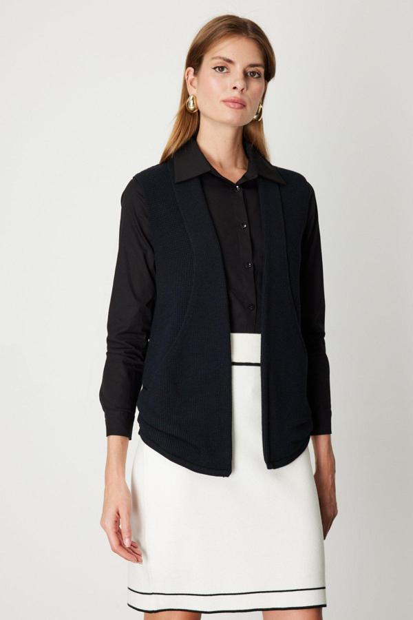 On Kadın Önü Açık Uzun Örme Yelek 65908 Siyah - Image 1