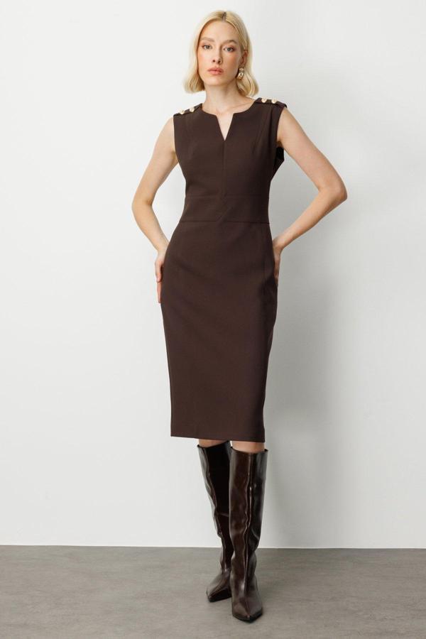 Ekol Kadın Süs Düğme Detaylı Kolsuz Elbise 4015 Kahverengi - Image 1