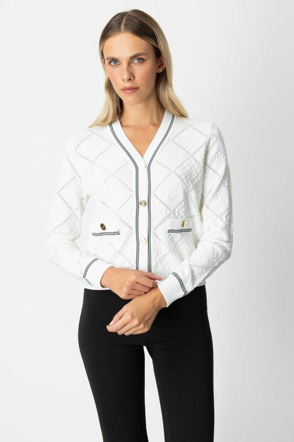 On Kadın V Yaka Kabartmalı Hırka 60950 Ekru - Image 1