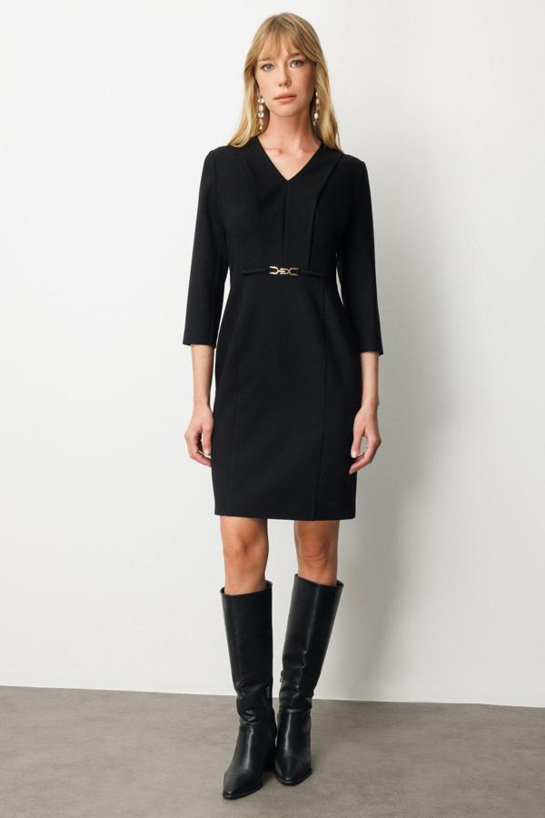 Ekol Kadın Beli Metal Aksesuarlı Midi Elbise 4033 Siyah - Image 1