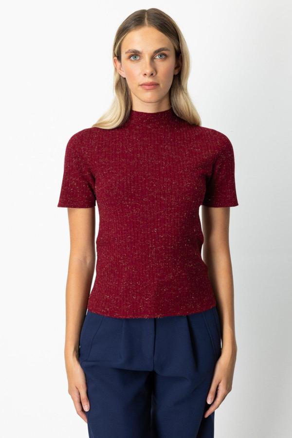 On Kadın Dik Yaka Kısa Kollu Triko Kazak 69302 Bordo - Image 1