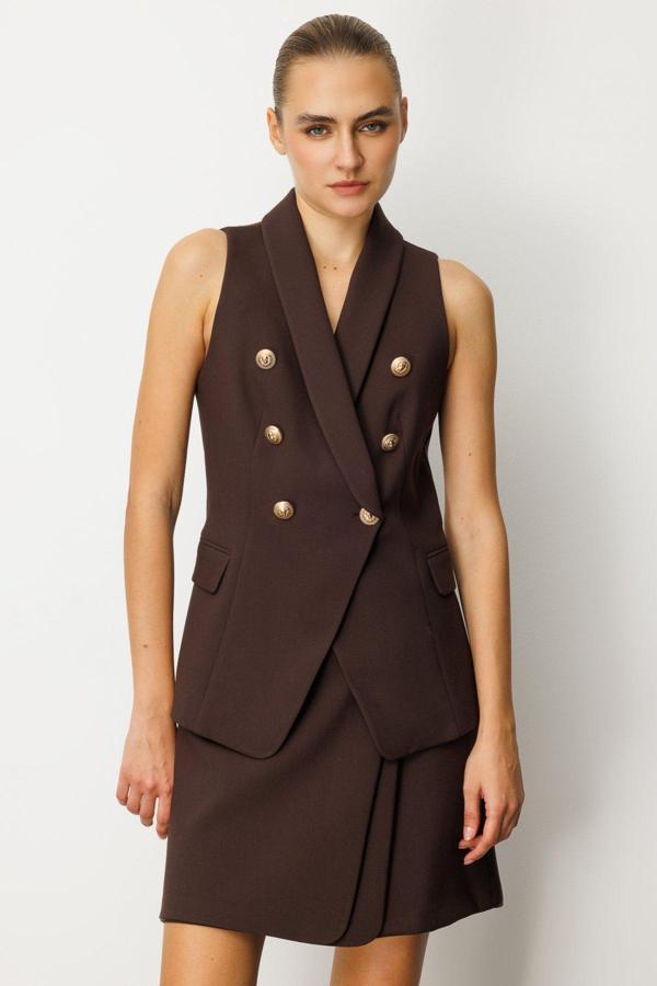 Ekol Kadın Kruvaze Yaka Kapak Cepli Yelek 5009 Kahverengi - Image 1