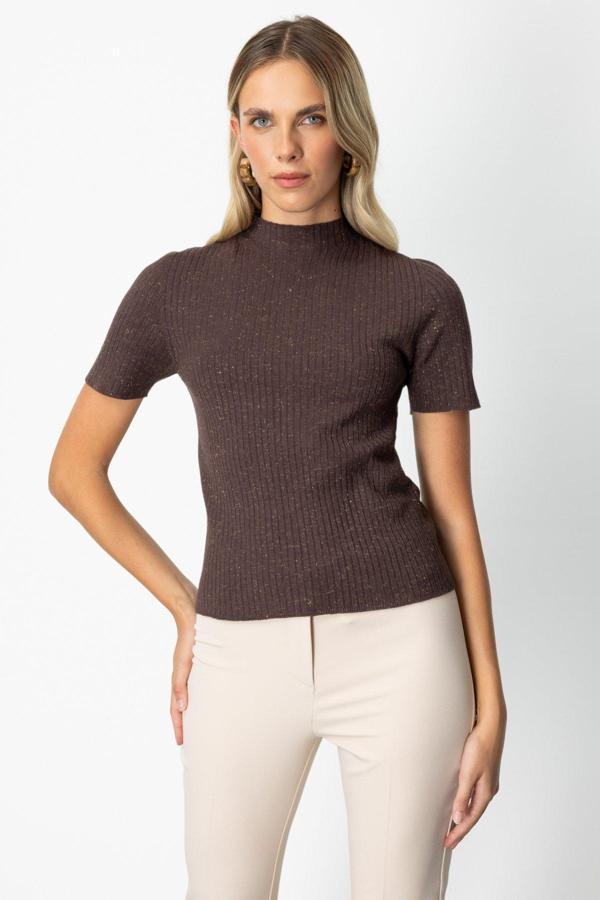 On Kadın Dik Yaka Kısa Kollu Triko Kazak 69302 Kahverengi - Image 1