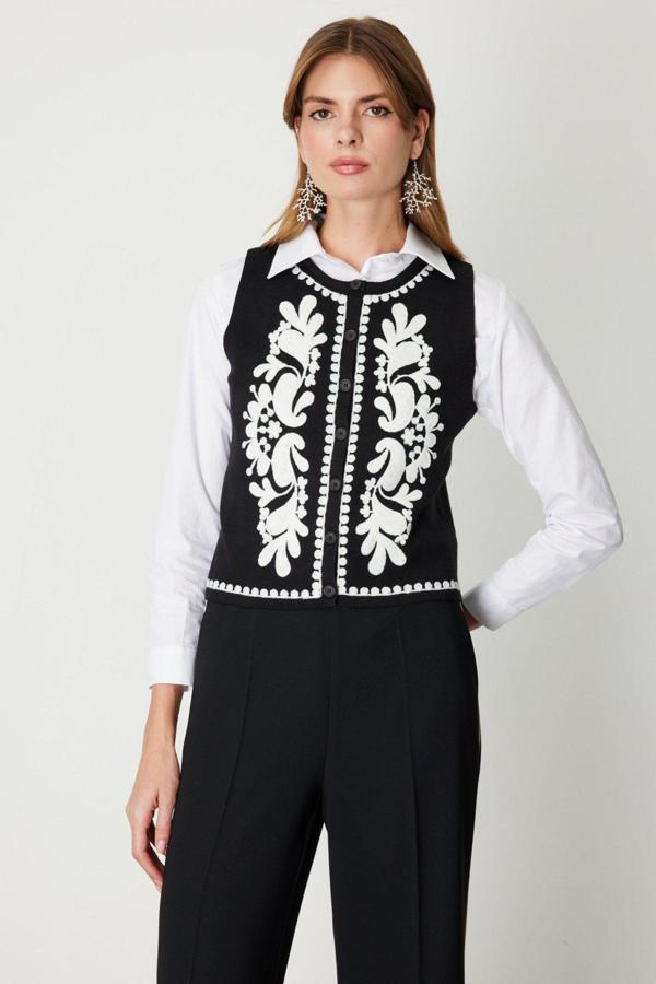On Kadın İşlemeli Triko Yelek 60919 Siyah - Image 1