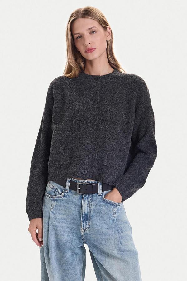 Only Kadın Onlpıemonte Sıfır Yaka Torba Cepli Yünlü Hırka 15344118 Koyu Gri - Image 1