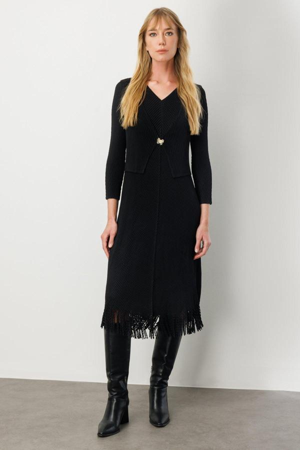 Ekol Kadın Kelebek Broşlu Püsküllü Elbise 4919 Siyah - Image 1