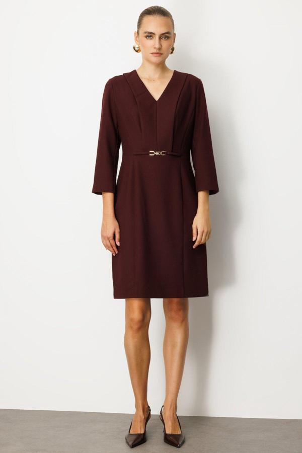 Ekol Kadın Beli Metal Aksesuarlı Midi Elbise 4033 Bordo - Image 1