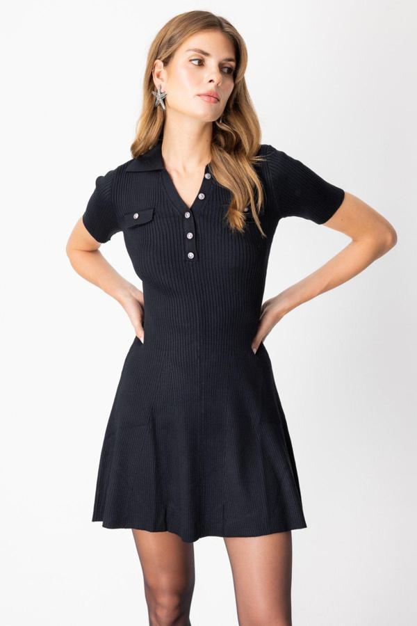 On Kadın Eteği Volanlı Mini Triko Elbise 65401 Siyah - Image 1