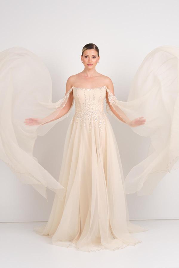 Ömür Inn Kadın Straplez Payet İşlemeli Kolları Pelerin Detaylı Uzun Abiye Elbise 5584 Şampanya - Image 1