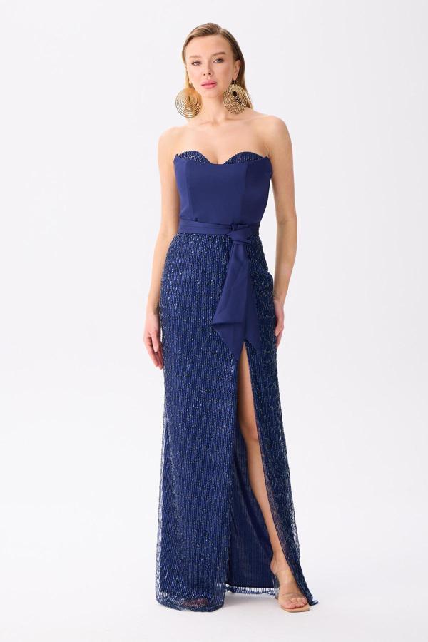 Carmen Kadın Straplez Yırtmaçlı Payetli Abiye Elbise 58509 Lacivert - Image 1