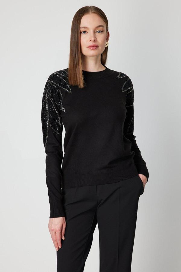 On Kadın Omuzları Taş İşlemeli Triko Kazak 66344 Siyah-Siyah - Image 1