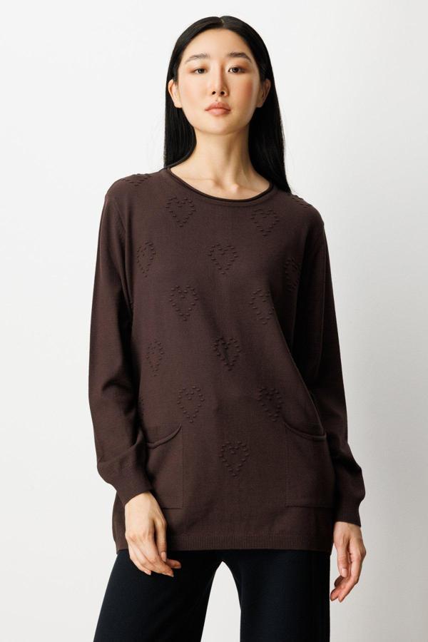 On Kadın Kabartma Desenli Cepli Triko Kazak 65344 Kahverengi - Image 1