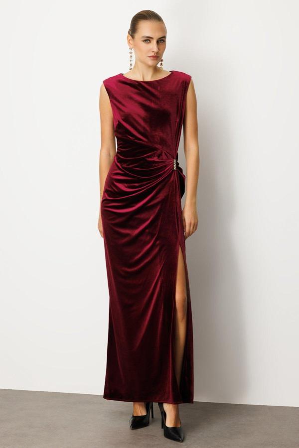 Ekol Kadın Beli Büzgülü Maxi Kadife Elbise 4141 Bordo - Image 1