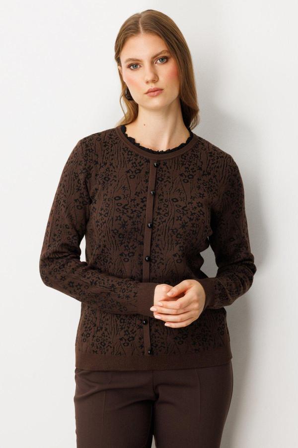 On Kadın Fırfır Detaylı Triko Kazak 65368 Kahverengi - Image 1