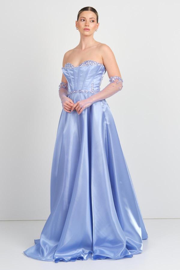 Ömür Inn Kadın Straplez Taş İşlemeli Uzun Abiye Elbise 0396 Kraliyet Mavisi - Image 1