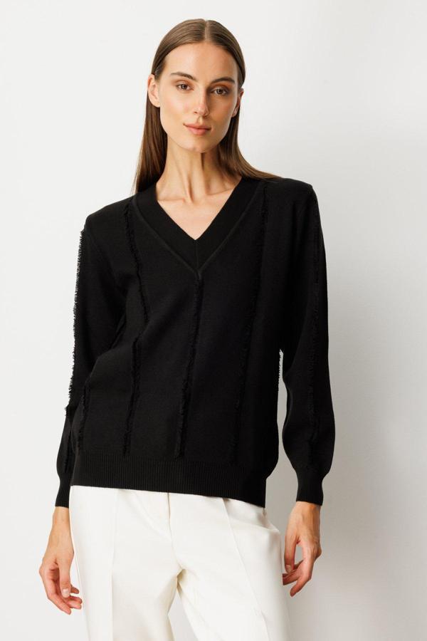 On Kadın Yaka Şerit Kırçıllı Triko Kazak 65321 Siyah - Image 1