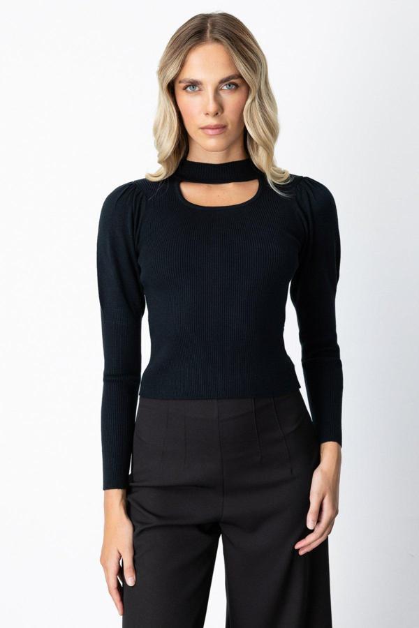 On Kadın Balon Kol Pencere Detaylı Kazak 65303 Siyah - Image 1