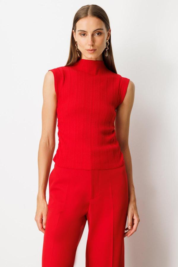 On Kadın Yanları Büzgülü Kolsuz Triko Kazak 65355 Kırmızı - Image 1