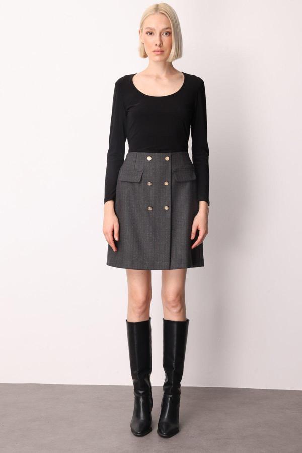 Ekol Kadın Beli Lastikli Süs Düğmeli Mini Etek 2019 Siyah - Image 1