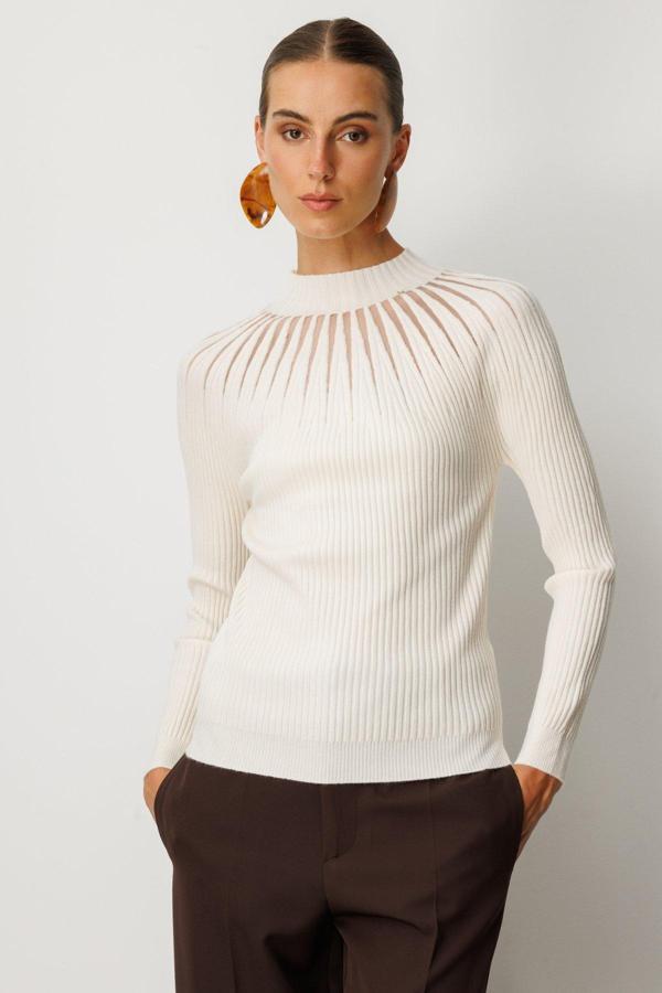 On Kadın Dik Yaka Tül Detaylı Triko Kazak 60384 Ekru - Image 1