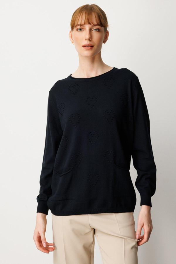 On Kadın Kabartma Desenli Cepli Triko Kazak 65344 Siyah - Image 1