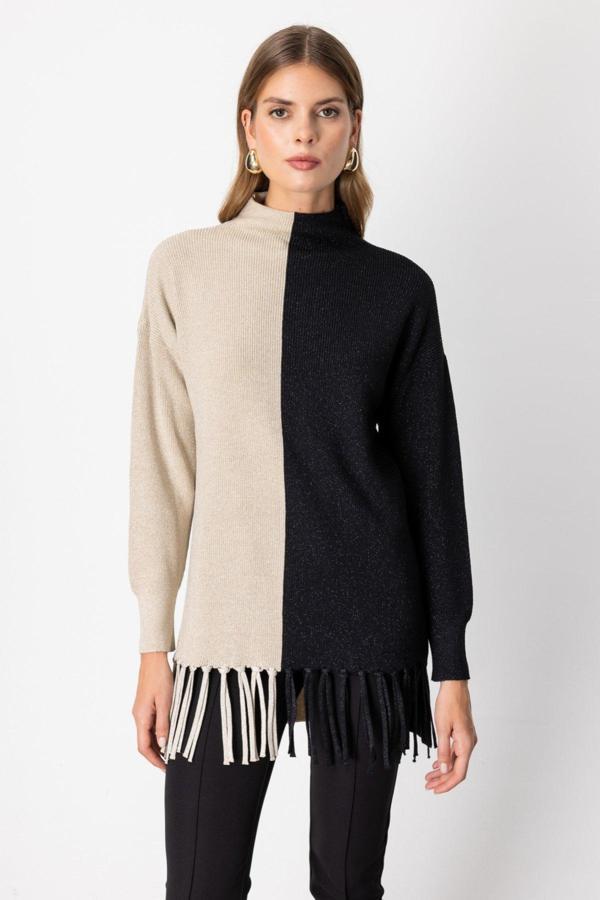 On Kadın Simli Kumaş Püsküllü Kazak 65377 Bej - Image 1