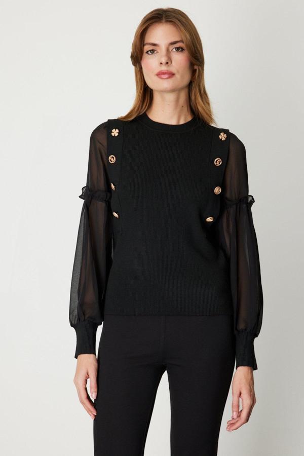 On Kadın Balon Kol Süs Düğmeli Triko Kazak 60416 Siyah - Image 1