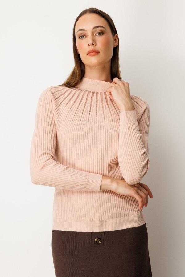 On Kadın Dik Yaka Tül Detaylı Triko Kazak 60384 Pembe - Image 1