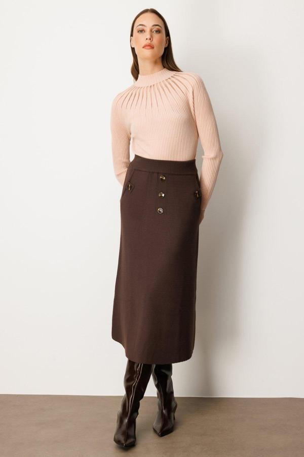 On Kadın Düğmeli Triko Etek 65207 Kahverengi - Image 1
