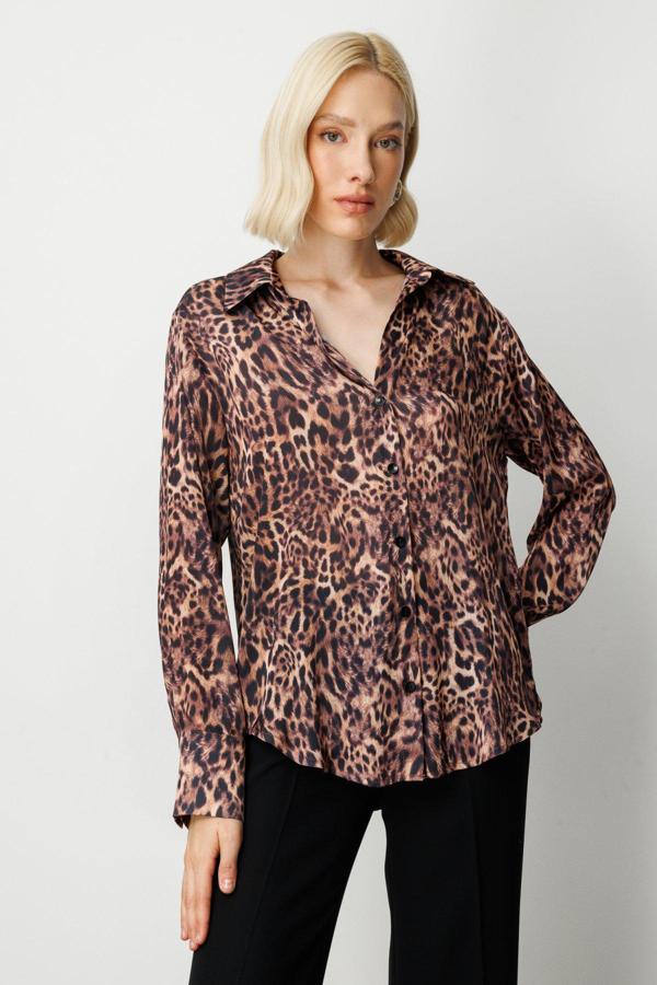 On Kadın Çizgili Saten Gömlek 64300 Leopar - Image 1