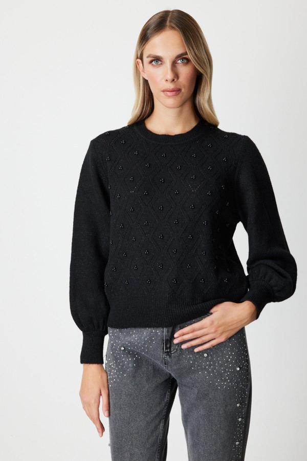 On Kadın Sim Detaylı İncili Kazak 63316 Siyah - Image 1