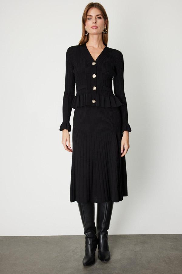 On Kadın Piliseli Midi Triko Etek 69201 Siyah - Image 1