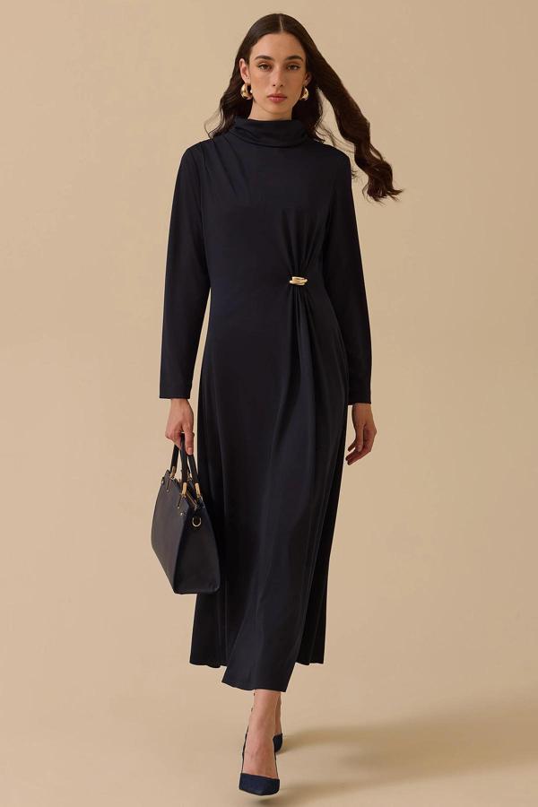 Seçil Kadın Metal Aksesuarlı Drapeli Elbise 1025 Lacivert - Image 1