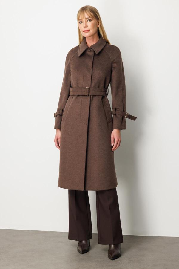 Ekol Kadın Kolu ve Beli Kemerli Kaşe Kaban 6057 Kahverengi - Image 1