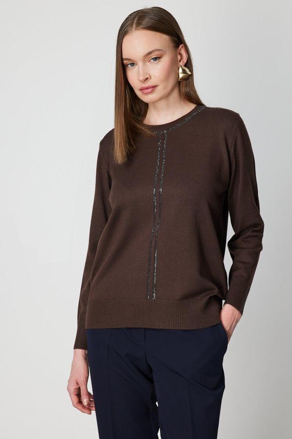 On Kadın Taş İşlemeli Triko Kazak 65397 Kahverengi - Image 1