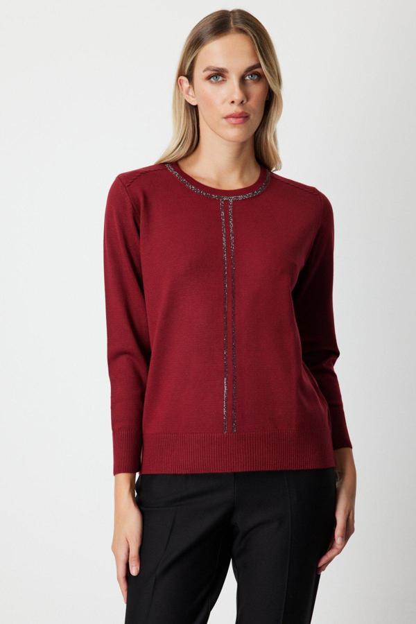 On Kadın Taş İşlemeli Triko Kazak 65397 Bordo - Image 1