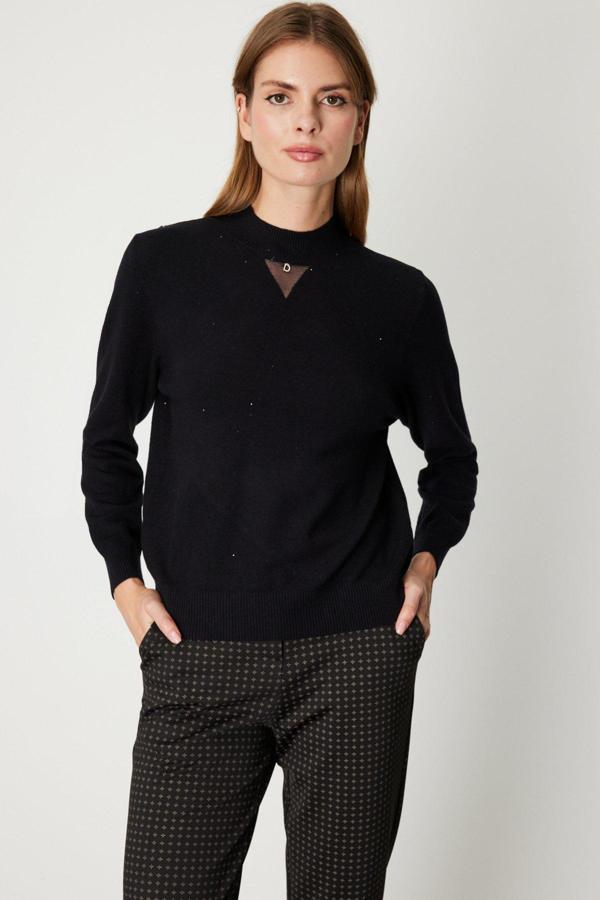 On Kadın Metal Aksesuarlı Pul Detaylı Triko Kazak 60345 Siyah - Image 1