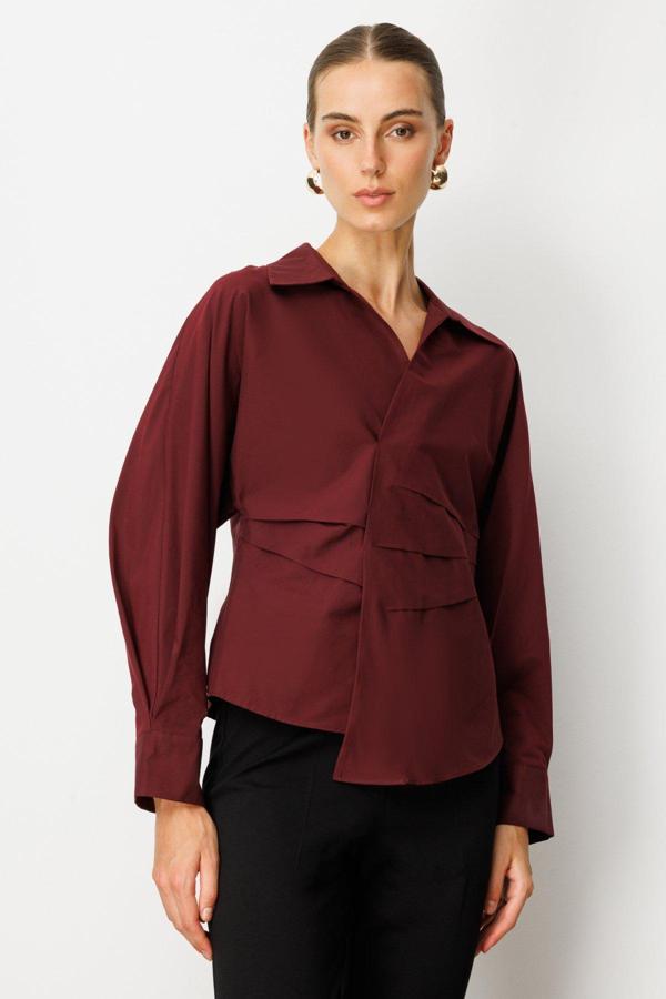 Ekol Kadın Önü Drapeli Kruvaze Gömlek 3043 Bordo - Image 1