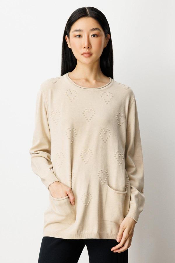 On Kadın Kabartma Desenli Cepli Triko Kazak 65344 Bej - Image 1