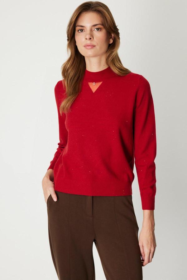 On Kadın Metal Aksesuarlı Pul Detaylı Triko Kazak 60345 Kırmızı - Image 1