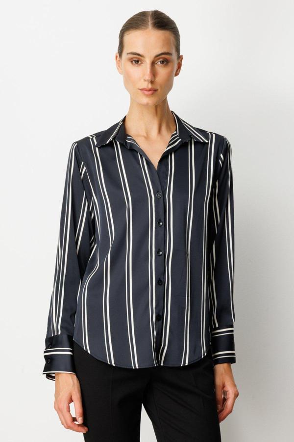 On Kadın Çizgili Saten Gömlek 64300 Siyah-Ekru - Image 1