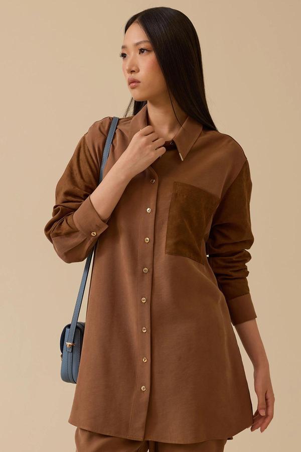 Seçil Kadın Süet Cep Detaylı Düğmeli Gömlek 1009 Kahverengi - Image 1