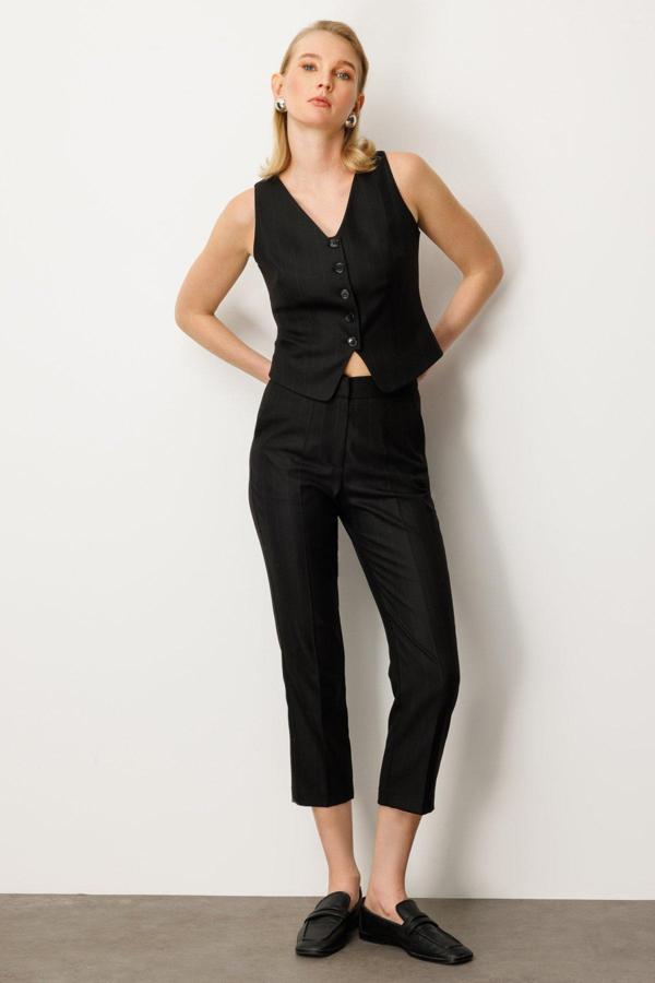 Ekol Kadın Düz Kesim Çizgili Pantolon 5125 Siyah - Image 1