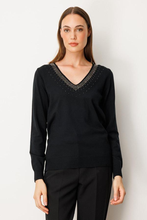 On Kadın Yakası Taşlı Triko Kazak 65314 Siyah - Image 1