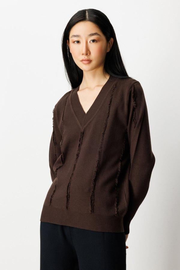 On Kadın Yaka Şerit Kırçıllı Triko Kazak 65321 Kahverengi - Image 1