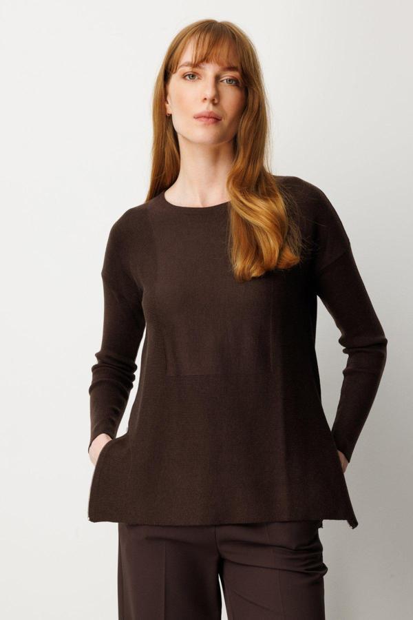 On Kadın Yanları Fermuarlı Sıfır Yaka Triko Kazak 65318 Kahverengi - Image 1