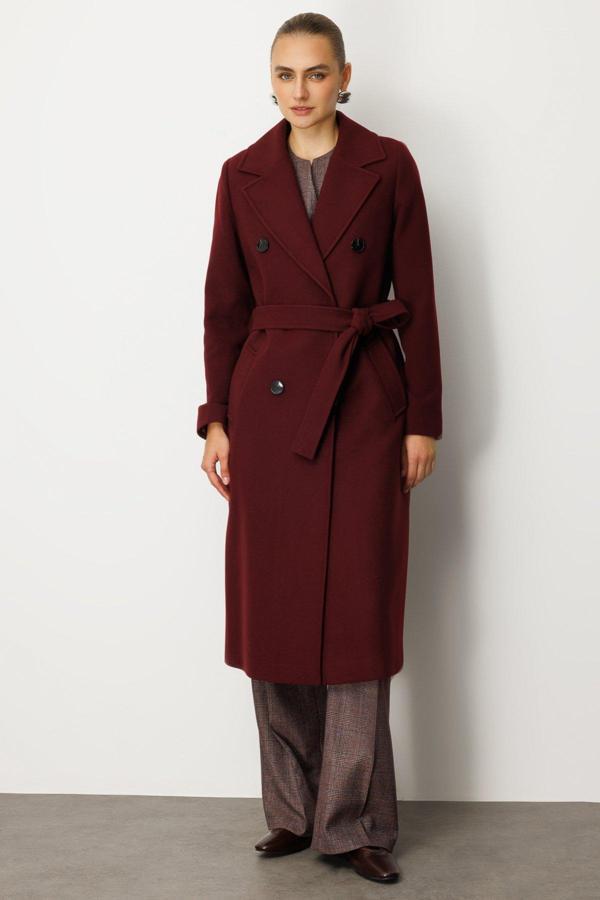 Ekol Kadın Beli Kuşaklı Kruvaze Yaka Kaban 6063 Bordo - Image 1